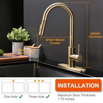 Tohlar Gold Kitchen Faucet with Pull Down Sprayer, Gold Kitchen Sink Faucet for 1 or 3 Hole, Modern Stainless Steel Sink Faucet with Deck Plate for Farmhouse Laundry Rv, Brushed Gold