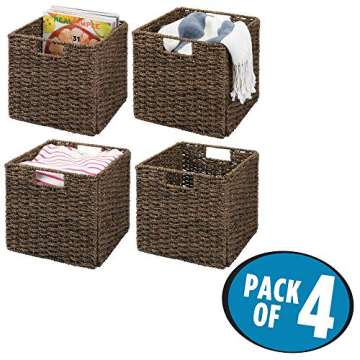 mDesign Natural Woven Seagrass Closet Storage Organizer Basket Bin - Collapsible - for Cube Furniture Shelving in Closet, Bedroom, Bathroom, Entryway, Office - 10.5" High, 4 Pack - Chestnut Brown