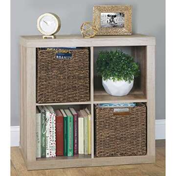 mDesign Natural Woven Seagrass Closet Storage Organizer Basket Bin - Collapsible - for Cube Furniture Shelving in Closet, Bedroom, Bathroom, Entryway, Office - 10.5" High, 4 Pack - Chestnut Brown