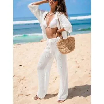 CUPSHE Women's Crochet Cover Up Set Button Down Hollow Out Top Long Net Pant 2 Piece Beachwear White Small
