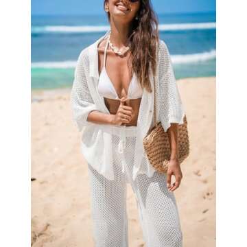 CUPSHE Women's Crochet Cover Up Set Button Down Hollow Out Top Long Net Pant 2 Piece Beachwear White Small