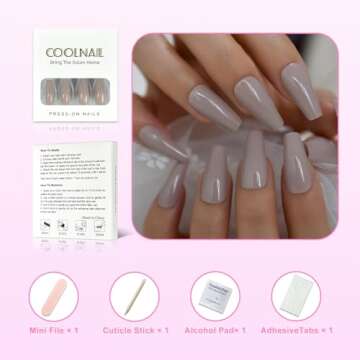Coolnail Glossy Light Brown Grey Shiny Long Ballerina Press on Fake Art Nails Tips Coffin Salon Fals...