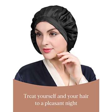 LILYSILK 100% Mulberry Silk Bonnet, 19 Momme Silk Night Sleep Cap Adjustable Hair Wrap for Sleeping, Black