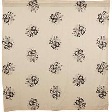 Piper Classics Lydia Black Floral Shower Curtain, 72" x 72", Vintage Farmhouse Boho Style Flower Print Bathroom Curtain, Cream & Black Bath Accent