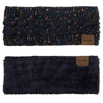 Loritta Womens Ear Warmers Headbands Winter Warm Fuzzy Cable Knit Head Wrap Fleece Lined Gifts,Black