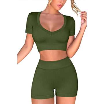 QINSEN Women Workout Tops Sexy V Neck Crop Set Summer