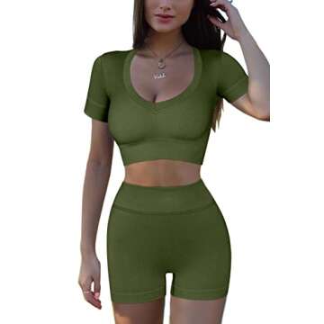 QINSEN Women Workout Tops Sexy V Neck Crop Set Summer