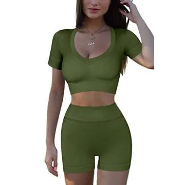 QINSEN Women Workout Tops Sexy V Neck Crop Set Summer