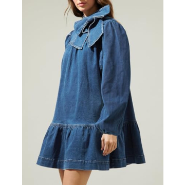 EZAPINE Women's Puff Long Sleeve Denim Dress Ruffle Mock Neck Tiered Mini Babydoll Dress Casual Flowy Swing Jean Dresses Navy Blue
