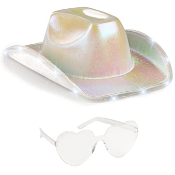 Funcredible Silver Light Up Cowboy Hat and Glasses Set - Holographic LED Costume Accessories