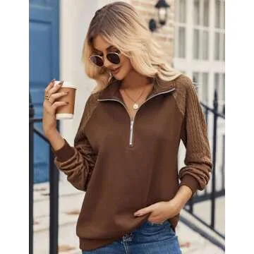 Zeagoo Women's Fashion Sweatshirt Fleece Quarter Zip Up Sweatshirts Casual Knitted Sleeves Pullover Sweaters for Women 2024, Brown S