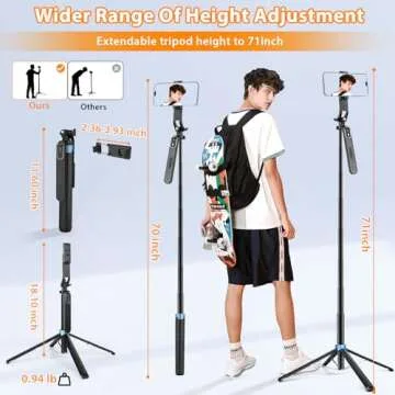 Eocean 71" Tall Selfie Stick Tripod Quadripod with Remote & with 360° Ballhead, Aluminum Alloy Extendable Cell Phone Tripod Stand, Travel Tripod Phone Holder Compatible with iPhone/Android/GoPro