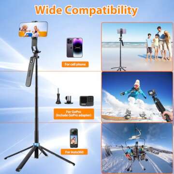 Eocean 71" Tall Selfie Stick Tripod Quadripod with Remote & with 360° Ballhead, Aluminum Alloy Extendable Cell Phone Tripod Stand, Travel Tripod Phone Holder Compatible with iPhone/Android/GoPro