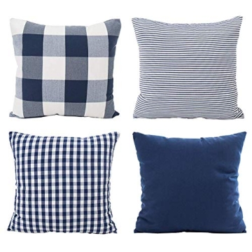 HOPLEE Christmas Pillow Covers 18x18 Nautical Blue and White Pillow Covers with Buffalo Plaid, Solid...