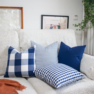 HOPLEE Christmas Pillow Covers 18x18 Nautical Blue and White Pillow Covers with Buffalo Plaid, Solid Navy Blue, Striped and Gingham Plaid Design 18x18 inch, 4 Pack