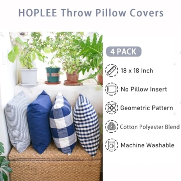 HOPLEE Christmas Pillow Covers 18x18 Nautical Blue and White Pillow Covers with Buffalo Plaid, Solid Navy Blue, Striped and Gingham Plaid Design 18x18 inch, 4 Pack