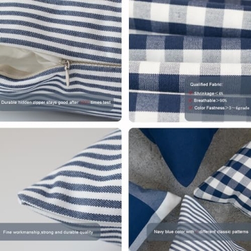 HOPLEE Christmas Pillow Covers 18x18 Nautical Blue and White Pillow Covers with Buffalo Plaid, Solid Navy Blue, Striped and Gingham Plaid Design 18x18 inch, 4 Pack