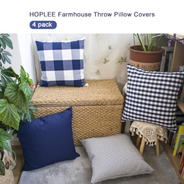 HOPLEE Christmas Pillow Covers 18x18 Nautical Blue and White Pillow Covers with Buffalo Plaid, Solid Navy Blue, Striped and Gingham Plaid Design 18x18 inch, 4 Pack