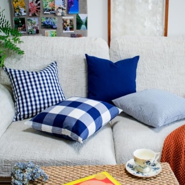 HOPLEE Christmas Pillow Covers 18x18 Nautical Blue and White Pillow Covers with Buffalo Plaid, Solid Navy Blue, Striped and Gingham Plaid Design 18x18 inch, 4 Pack