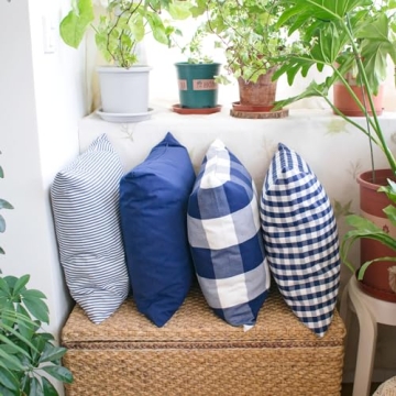 HOPLEE Christmas Pillow Covers 18x18 Nautical Blue and White Pillow Covers with Buffalo Plaid, Solid Navy Blue, Striped and Gingham Plaid Design 18x18 inch, 4 Pack