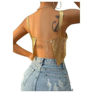 SHENHE Women's Metallic Glitter Open Back Sleeveless Sexy Backless Party Club Crop Top Gold M