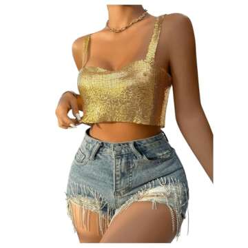 SHENHE Women's Metallic Glitter Open Back Sleeveless Sexy Backless Party Club Crop Top Gold M