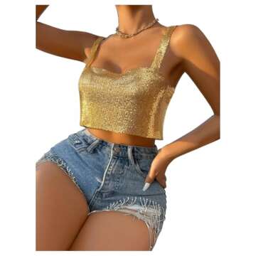 SHENHE Women's Metallic Glitter Open Back Sleeveless Sexy Backless Party Club Crop Top Gold M
