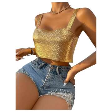 SHENHE Women's Metallic Glitter Open Back Sleeveless Sexy Backless Party Club Crop Top Gold M