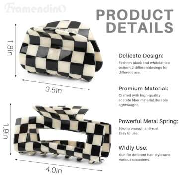 Framendino, 2 Pack Checkered Hair Clips Vintage Black-White Claws French Barrettes Jaw Non Slip Chec...