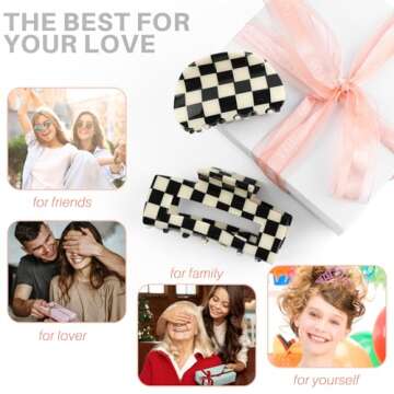 Framendino, 2 Pack Checkered Hair Clips Vintage Black-White Claws French Barrettes Jaw Non Slip Checkerboard Clamps Accessories for Women Girls Thick Thin