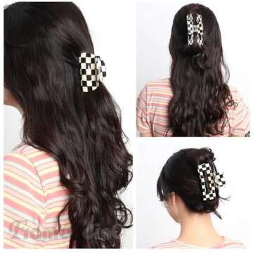 Framendino, 2 Pack Checkered Hair Clips Vintage Black-White Claws French Barrettes Jaw Non Slip Checkerboard Clamps Accessories for Women Girls Thick Thin