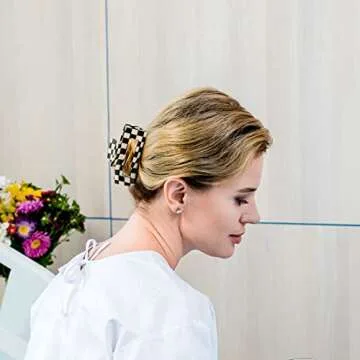 Framendino, 2 Pack Checkered Hair Clips Vintage Black-White Claws French Barrettes Jaw Non Slip Checkerboard Clamps Accessories for Women Girls Thick Thin