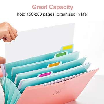 Forvencer Accordion File Organizer, Letter Size, 5 Pocket Expanding File Folder, Cute File Folder with Labels, Portable File Organizer for School Office Supplies, Folders for Documents, Pink
