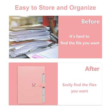 Forvencer Accordion File Organizer, Letter Size, 5 Pocket Expanding File Folder, Cute File Folder with Labels, Portable File Organizer for School Office Supplies, Folders for Documents, Pink