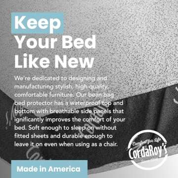 CordaRoy's Waterproof Bean Bag Protector - Removable Cover for Convertible Bean Bag Chair & Bed - Machine Washable & Dryer Safe - Fitted Bean Bag Protector - Queen Size