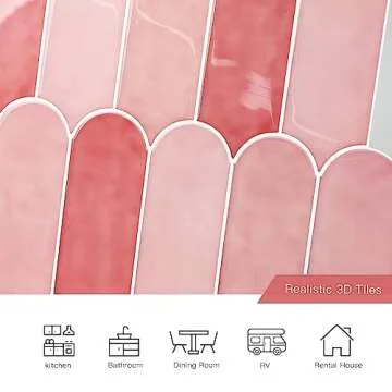 Miscasa Pink Peel and Stick Backsplash Tile, Self-Adhesive 3D Glossy Pink Tiles with Peacock Feather Design for Kitchen, Bathroom, and Cabinet Furniture, Waterproof and Removable Wall Tiles