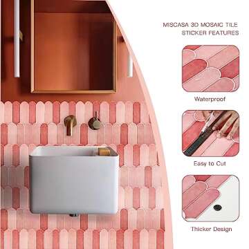 Miscasa Pink Peel and Stick Backsplash Tile, Self-Adhesive 3D Glossy Pink Tiles with Peacock Feather Design for Kitchen, Bathroom, and Cabinet Furniture, Waterproof and Removable Wall Tiles
