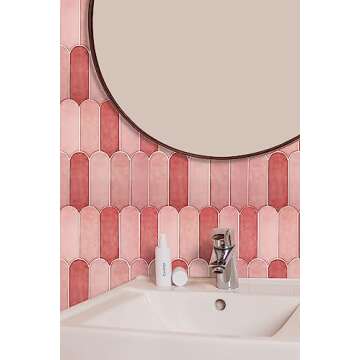Miscasa Pink Peel and Stick Backsplash Tile, Self-Adhesive 3D Glossy Pink Tiles with Peacock Feather Design for Kitchen, Bathroom, and Cabinet Furniture, Waterproof and Removable Wall Tiles