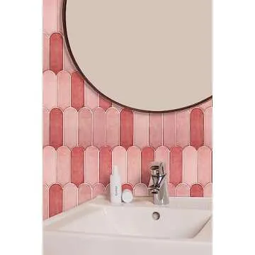 Miscasa Pink Peel and Stick Backsplash Tile, Self-Adhesive 3D Glossy Pink Tiles with Peacock Feather Design for Kitchen, Bathroom, and Cabinet Furniture, Waterproof and Removable Wall Tiles