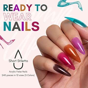 Makartt Acrylic Nails Kit: Short Stiletto Press on Set, 240PCS Almond Soak-Off Full Cover Soft Gel T...