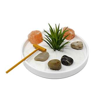 Nature's Mark Mini Zen Garden Kit for Desk with White Sand, Rake, White Base, Salt Rock and Air Plan...