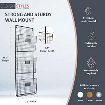 Designstyles Three Tier Wall File Holder - Durable Black Metal Rack with Spacious Slots for Easy Org...
