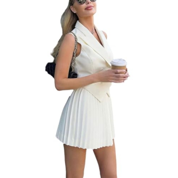 THLAI Women Two Piece Outfits Suits 2024 Summer Sleeveless Blazer Vest and Pleated Mini Skirts Set B...