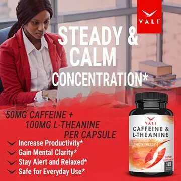 VALI Caffeine 50mg & L Theanine 100mg - Caffeine Pills & L-Theanine for Smart Smooth Energy & Focus Supplement. Nootropic Brain Booster Cognitive Support Stack & Focused Clarity. 120 Veggie Capsules