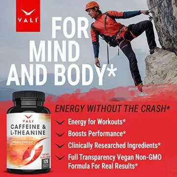 VALI Caffeine 50mg & L Theanine 100mg - Caffeine Pills & L-Theanine for Smart Smooth Energy & Focus Supplement. Nootropic Brain Booster Cognitive Support Stack & Focused Clarity. 120 Veggie Capsules