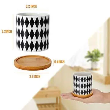 Dsben 3.2 Inch Succulent Plant Pots, Small Modern Flower Ceramic Planter Indoor with Bamboo Tray for Cactus, Herbs, Home, Set of 3 (Plants Not Included)