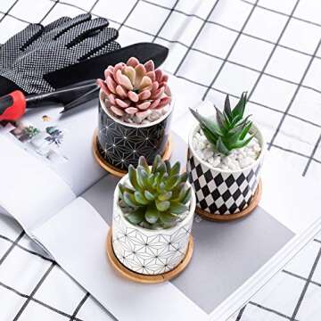Dsben 3.2 Inch Succulent Plant Pots, Small Modern Flower Ceramic Planter Indoor with Bamboo Tray for Cactus, Herbs, Home, Set of 3 (Plants Not Included)
