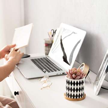 Dsben 3.2 Inch Succulent Plant Pots, Small Modern Flower Ceramic Planter Indoor with Bamboo Tray for Cactus, Herbs, Home, Set of 3 (Plants Not Included)