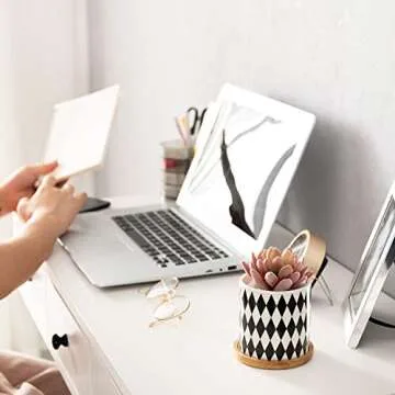 Dsben 3.2 Inch Succulent Plant Pots, Small Modern Flower Ceramic Planter Indoor with Bamboo Tray for Cactus, Herbs, Home, Set of 3 (Plants Not Included)