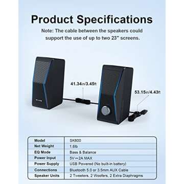 Computer Speakers, Dynamic RGB PC Speakers, Bluetooth 5.0 HiFi Computer Speakers for Desktop with 2 Bass Diaphragms & 4 Speaker Units, USB Powered & 3.5mm AUX Cable for PC Laptop Monitor Tablet Phone